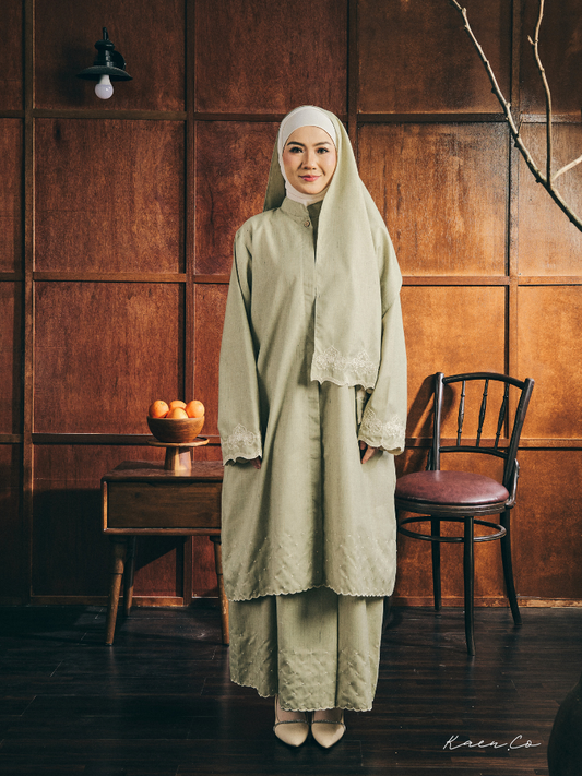 Teh in Matcha Cream + FREE Selendang | Baju Kurung Sulam Klasik Raya 2026