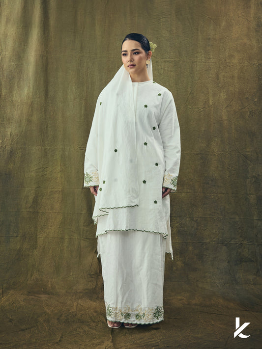Laima Kurung Putih+ FREE Selendang | Baju Kurung Sulam Klasik 2025