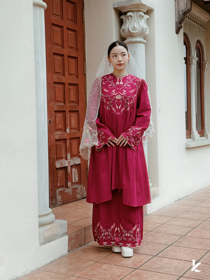 Aixa Kurung in Ruby + FREE Selendang | Baju Kurung Sulam Klasik Raya 2025