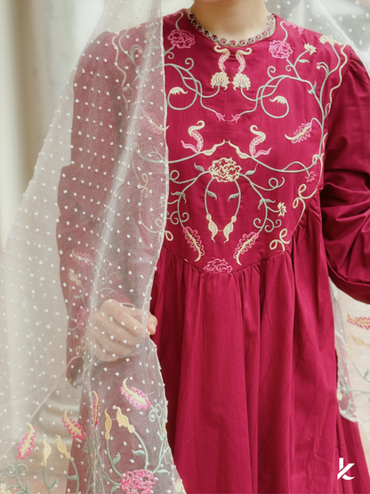 Aixa Kurung in Ruby + FREE Selendang | Baju Kurung Sulam Klasik Raya 2025