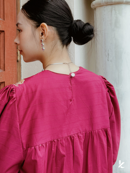 Aixa Kurung in Ruby + FREE Selendang | Baju Kurung Sulam Klasik Raya 2025