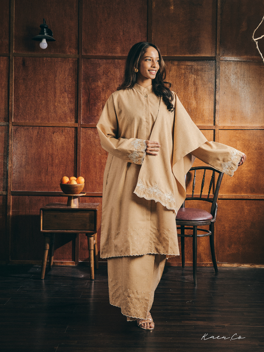 Teh in Toffee Beige + FREE Selendang | Baju Kurung Sulam Klasik Raya 2026